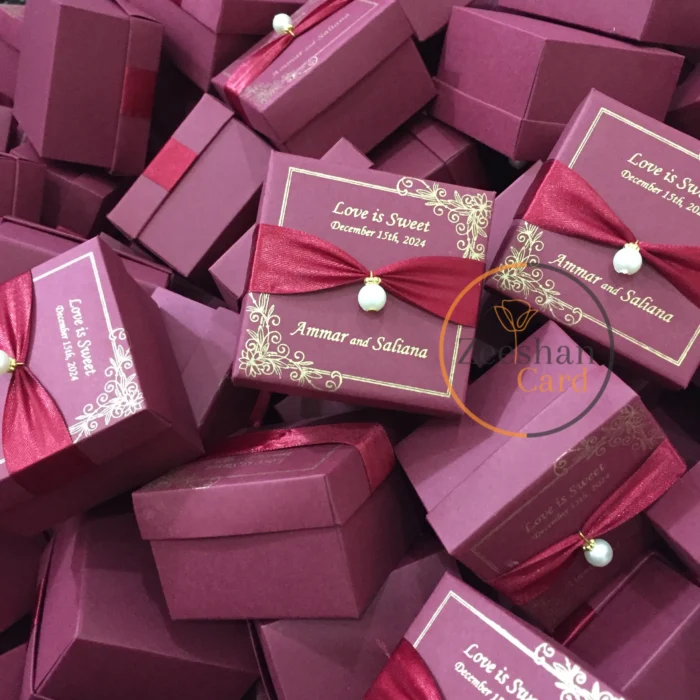 Maroon Nikkah Bid Boxes With Pearl and Ribbon