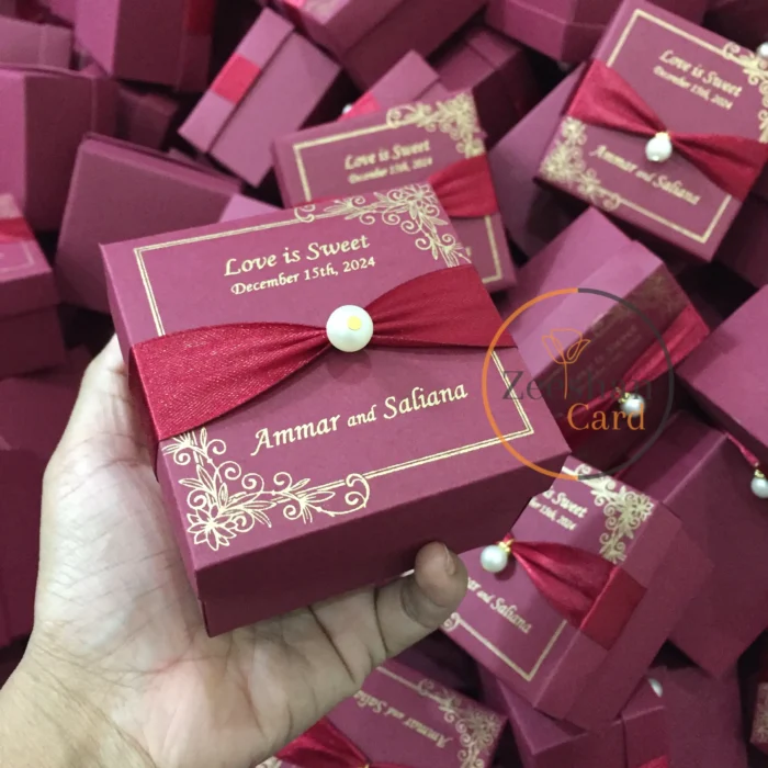 Maroon Nikkah Bid Boxes With Pearl and Ribbon