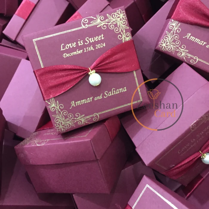 Maroon Nikkah Bid Boxes With Pearl and Ribbon