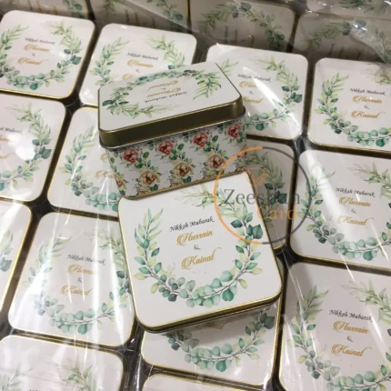 Green Floral Square Tin Bid Box