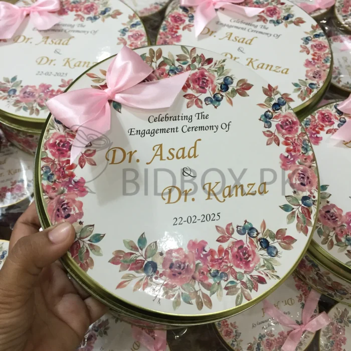 Pink Floral Design Tin Box With Bow