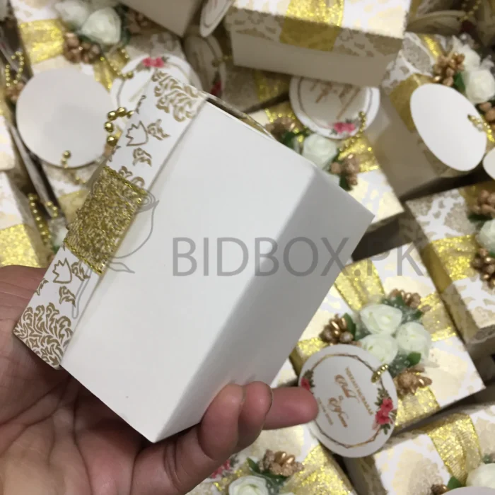 Flowers Box With Zari Ribbon And Tag