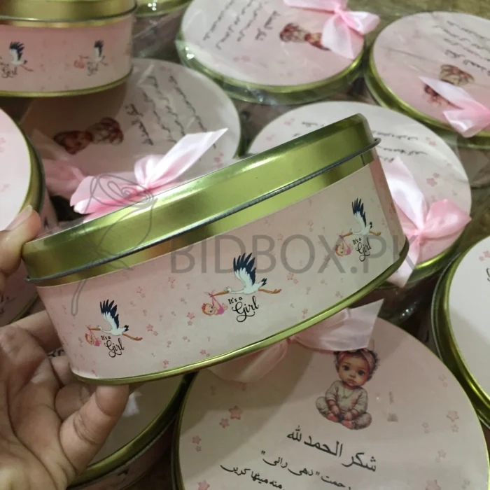 Baby Girl Announcement Half Kg Tin Box With Bow