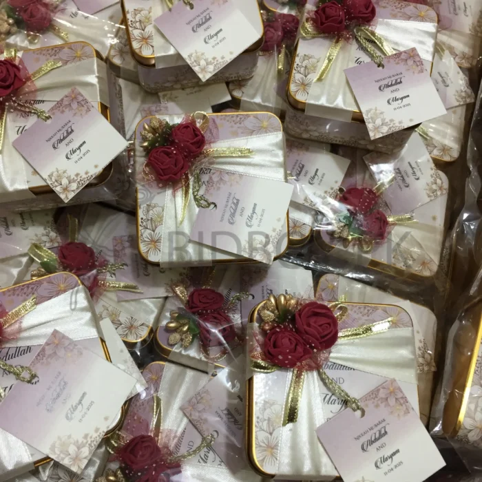 Mehroon Flowers And Stickers Printed Tin Box With Tag