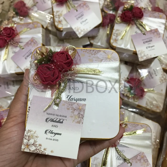 Mehroon Flowers And Stickers Printed Tin Box With Tag