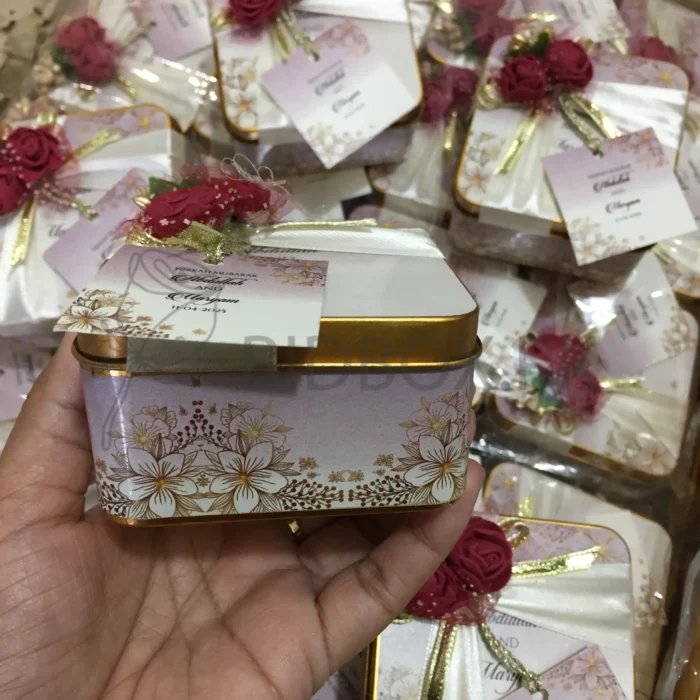Mehroon Flowers And Stickers Printed Tin Box With Tag