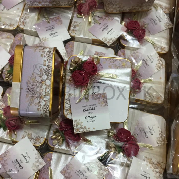 Mehroon Flowers And Stickers Printed Tin Box With Tag