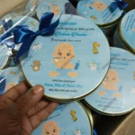 500 gram Blue Theme Printed Baby Boy Tin Box with Bow