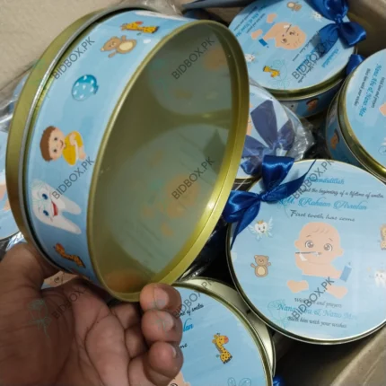 500 gram Blue Theme Printed Baby Boy Tin Box with Bow