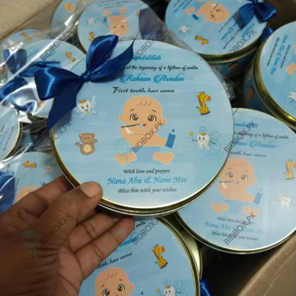 500 gram Blue Theme Printed Baby Boy Tin Box with Bow