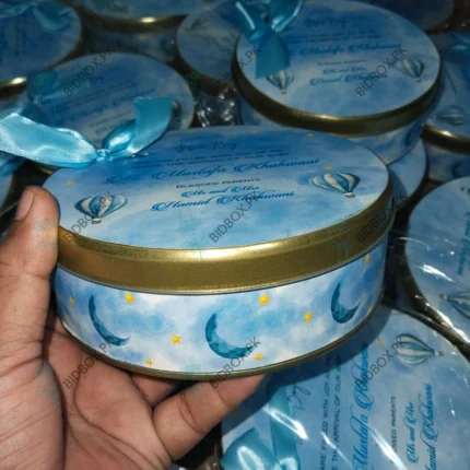 250 gram Blue Theme Printed Baby Boy Tin Box with bow