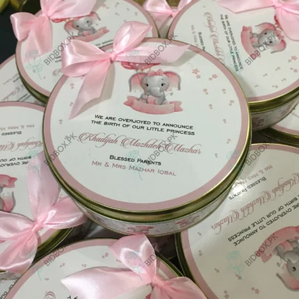 500 Gram Sweet Tin Box For Baby Girl Announcement With Bow