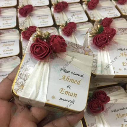 Mahroon Flowers And Sticker Name Print Tin Box