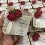 Mahroon Flowers And Sticker Name Print Tin Box