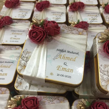 Mahroon Flowers And Sticker Name Print Tin Box