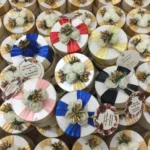 Round Bid Box With Off White Flowers & Black Ribbon