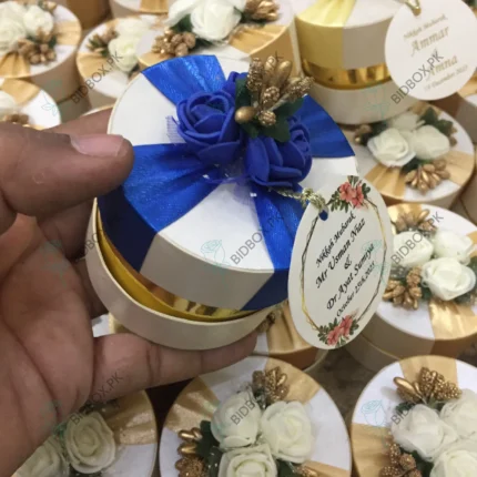 Round Bid Box With Blue Flowers & blue Ribbon