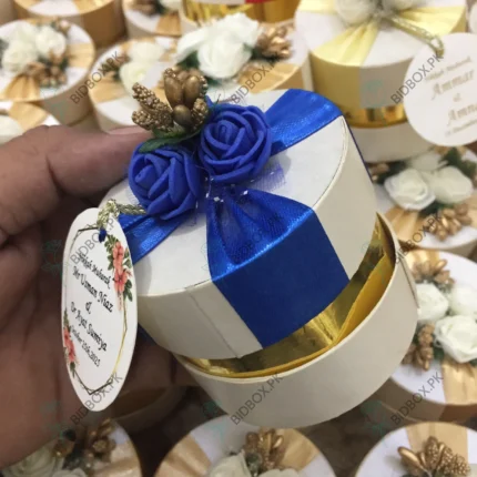 Round Bid Box With Blue Flowers & blue Ribbon
