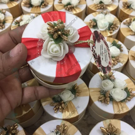 Round Bid Box With Red Ribbon and Flowers