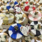 Round Bid Box With Blue Flowers & blue Ribbon