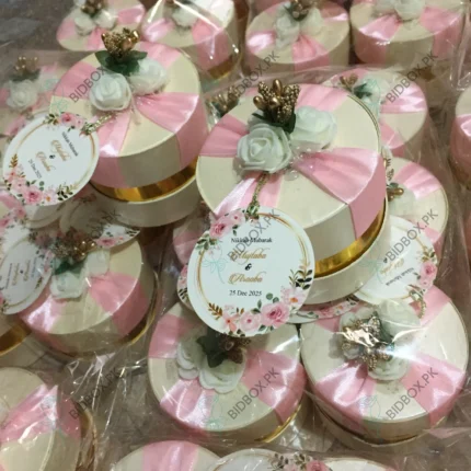 Round Cardborad Nikkah Bid Box With Flowers And Tag